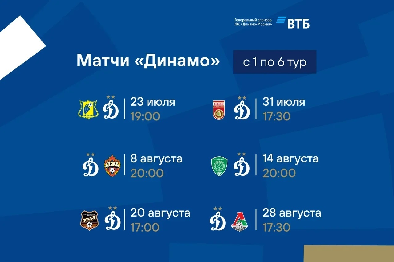Стали известны даты и время начала матчей первых 6 туров РПЛ сезона-2021/22